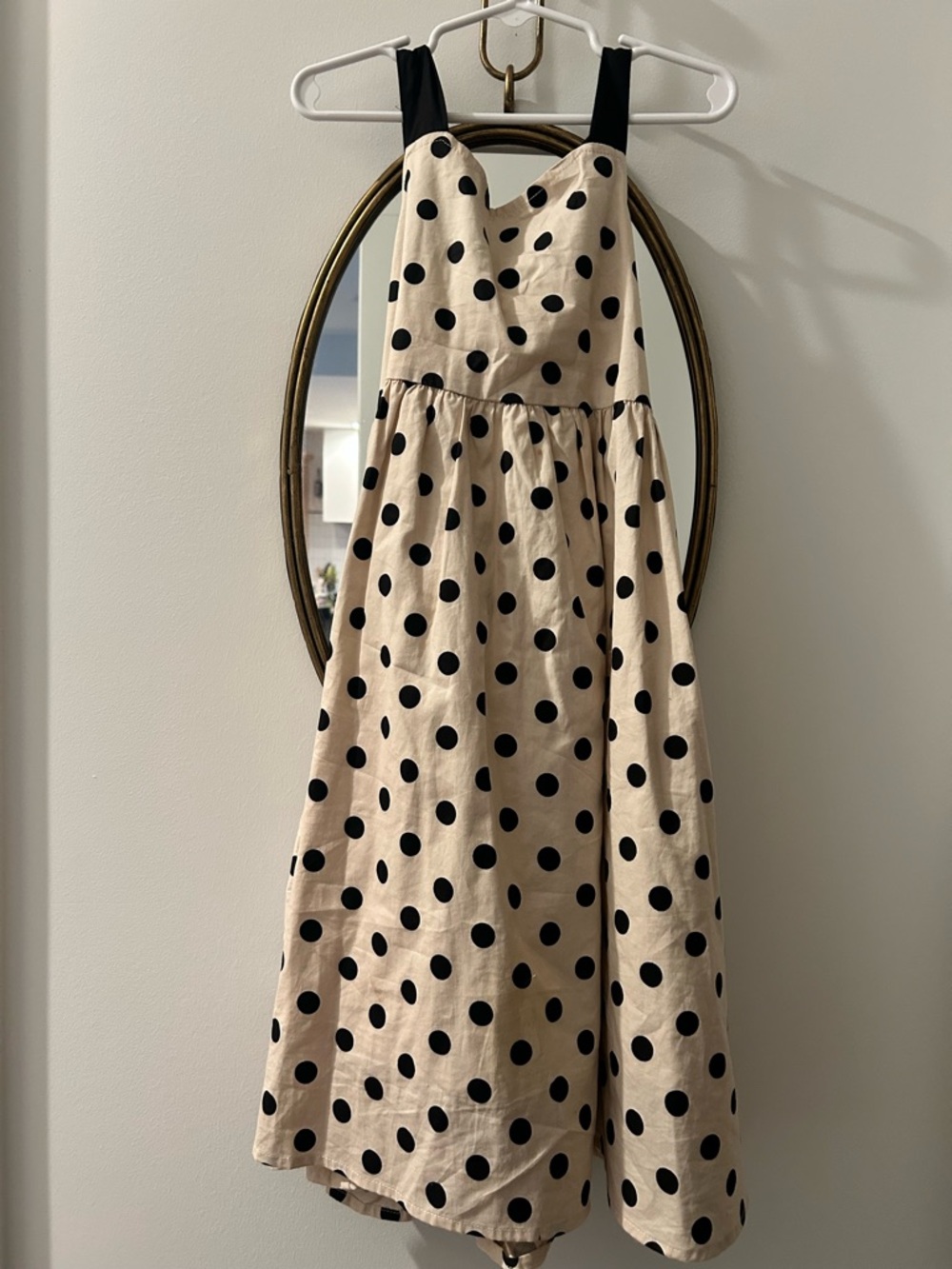 Daisy Beige Polka Dot Midi Dress with Black Straps